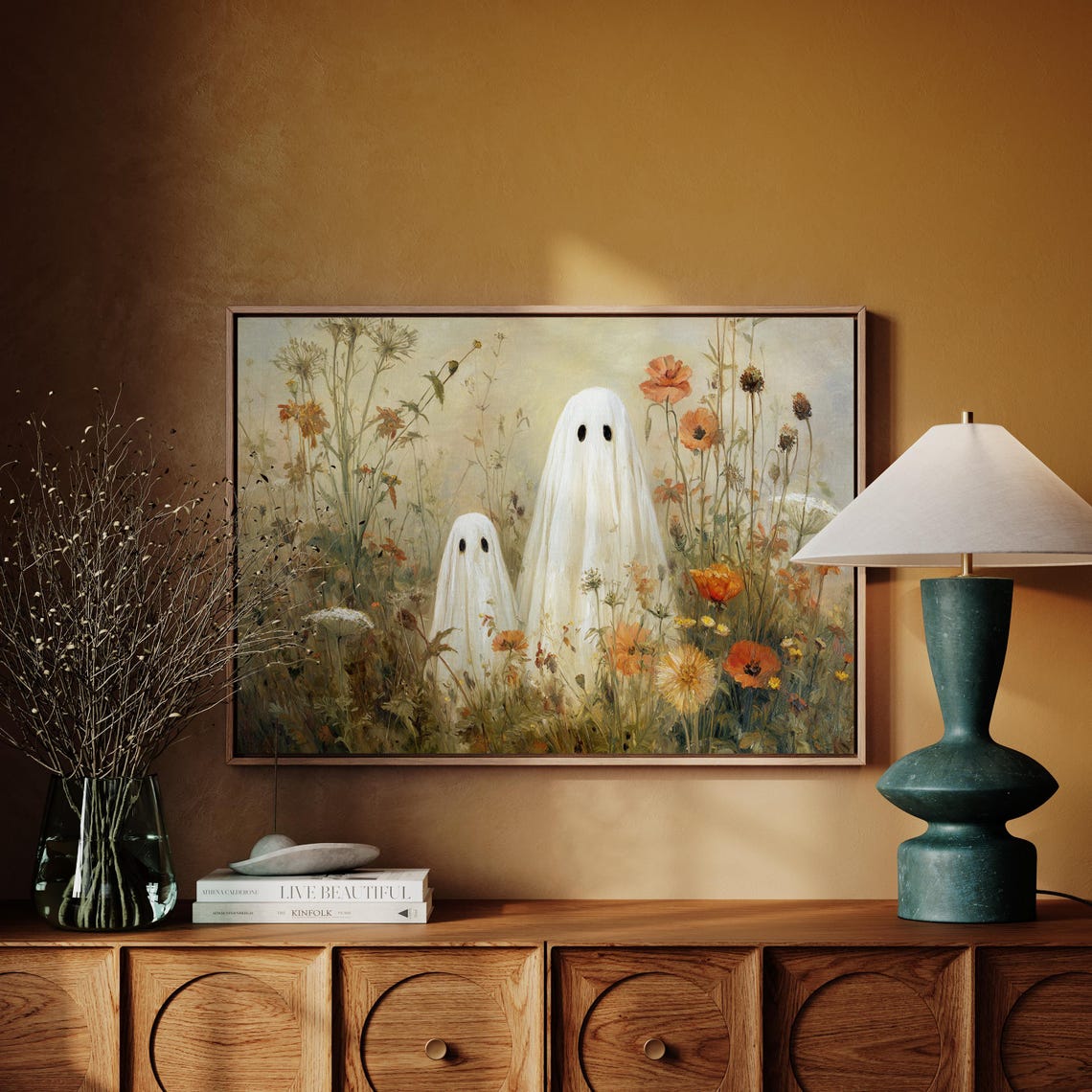 Whimsical Ghosts in Wildflowers Halloween Art Print