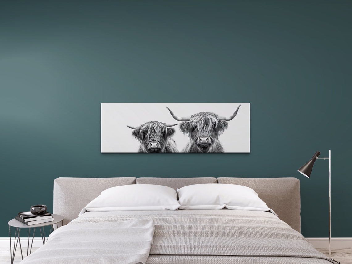 Highland Cow Pair Black and White Panoramic Farmhouse Wall Art - Image 6