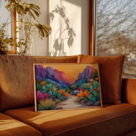 Desert Canyon Watercolor With Prickly Pear Cactus And Sunset Poster