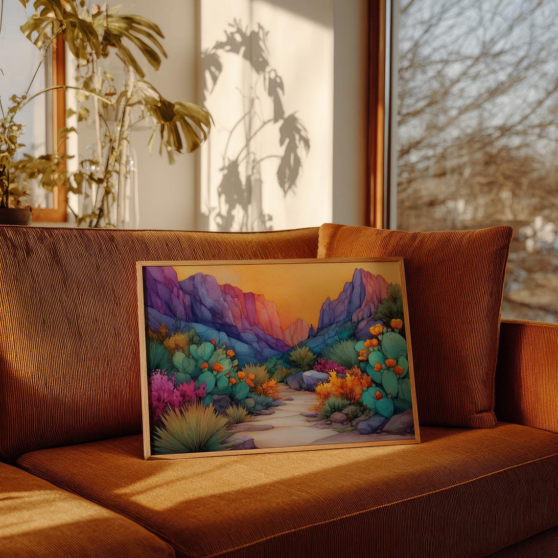 Desert Canyon Watercolor With Prickly Pear Cactus And Sunset Poster