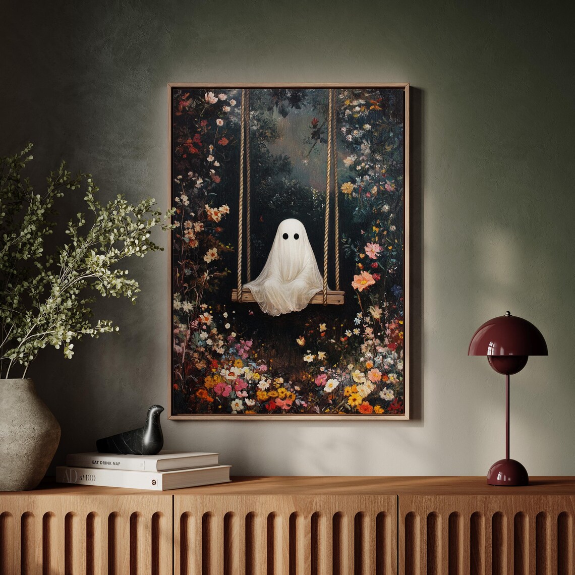 Whimsical Ghost On Swing In Vibrant Flower Garden Dreamy Halloween Wall Poster - Image 4