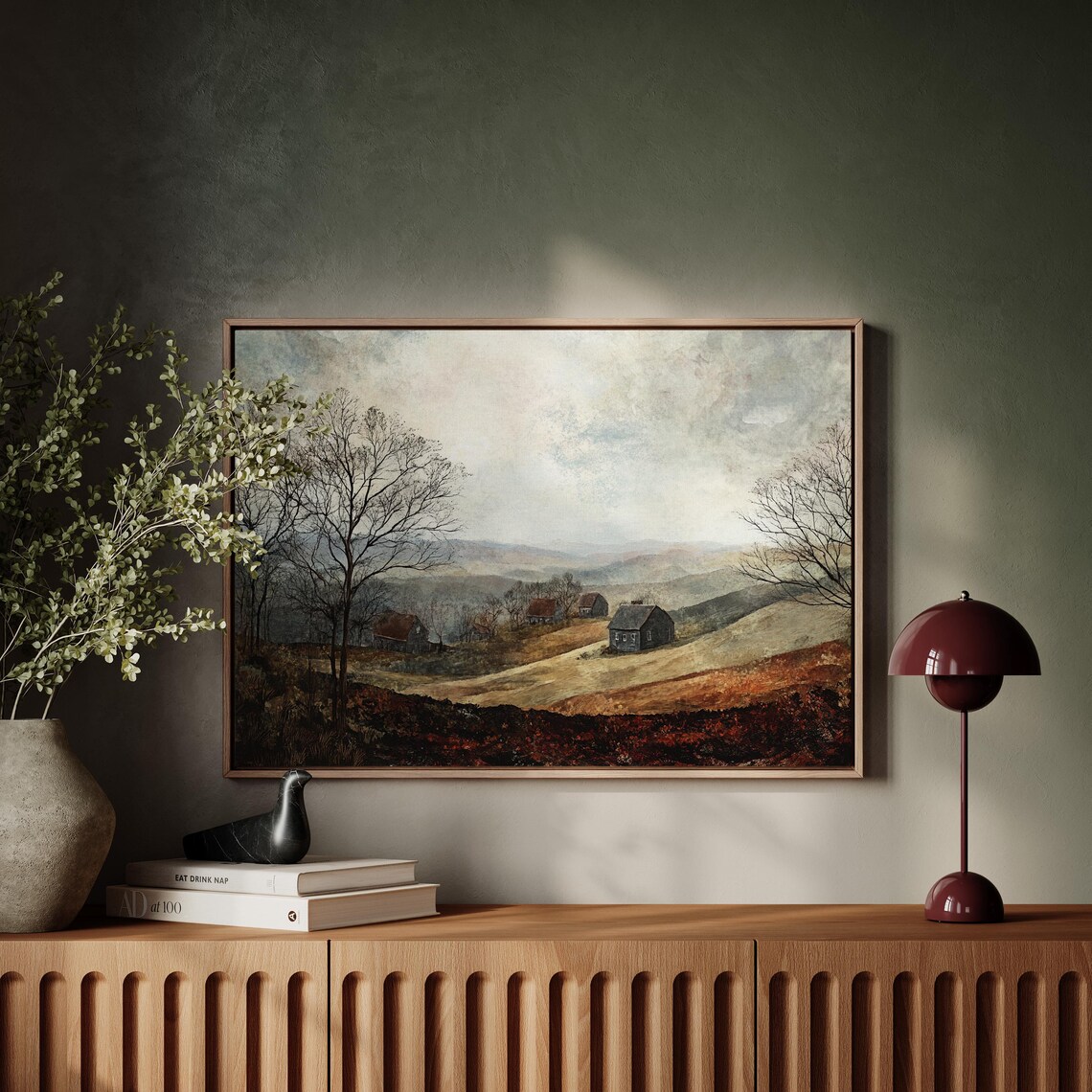 Vintage Countryside Farmhouses on Rolling Hills Painting Poster - Image 2