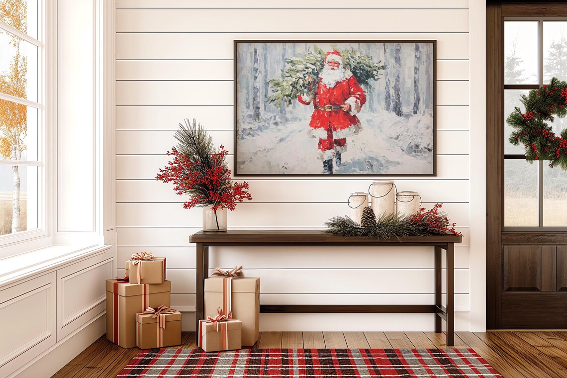 Santa Carrying Christmas Tree, Snowy Forest Art Print