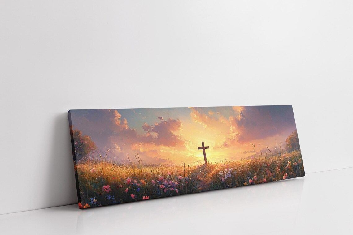 Rustic Wooden Cross Sunset Wildflower Field Christian Faith Print - Image 2