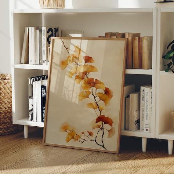 Golden Ginkgo Branch Minimal Botanical Wall Art