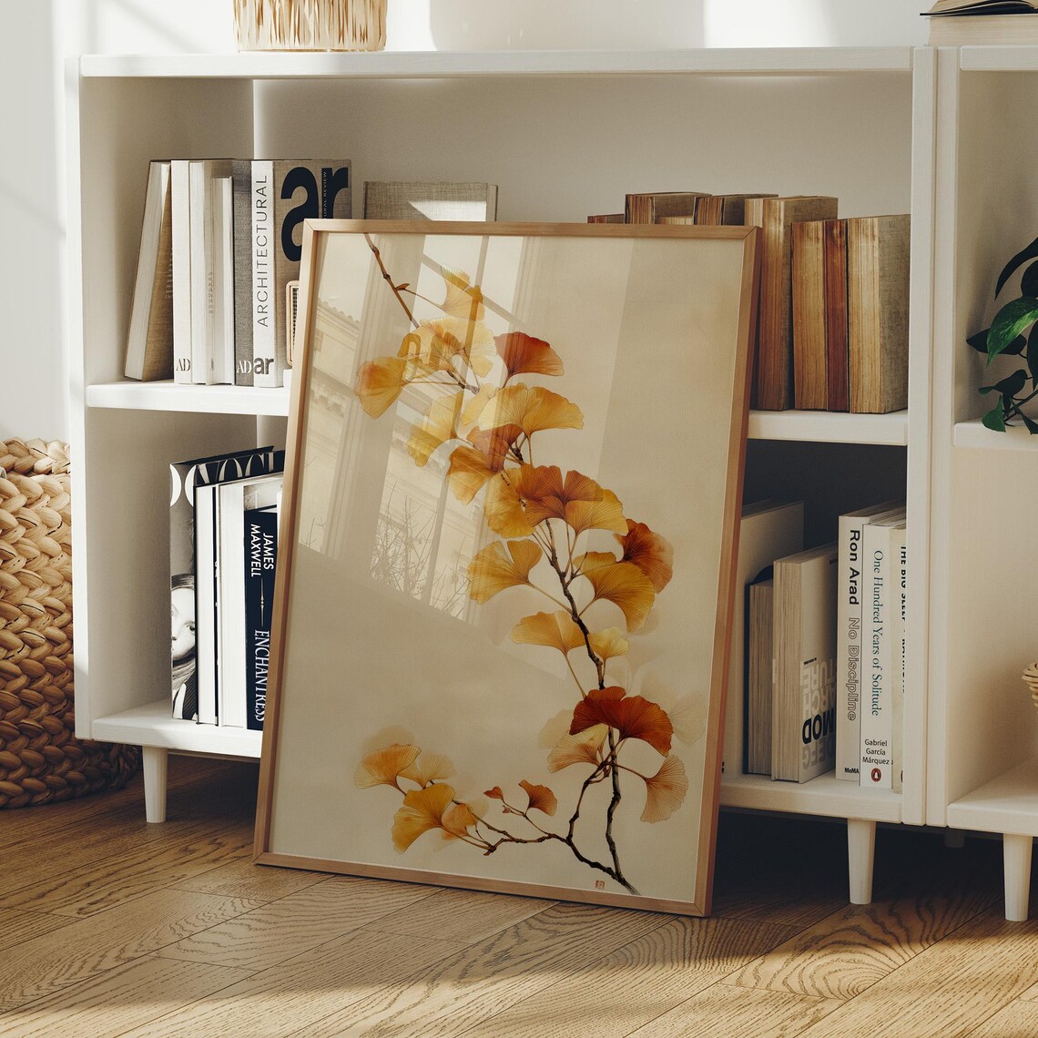 Golden Ginkgo Branch Minimal Botanical Wall Art