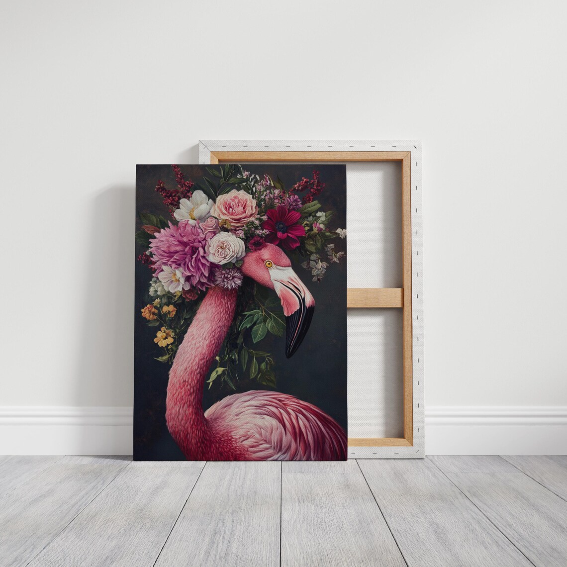 Pink Flamingo Floral Crown Vintage Inspired Bird Art Print - Image 3