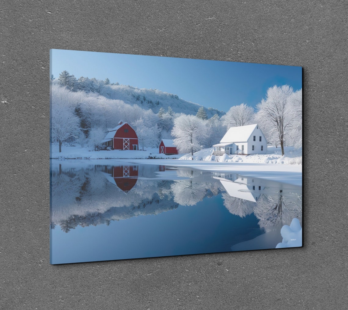 Red Barns White Farmhouse Winter Reflection Snowy Lake Poster - Image 7