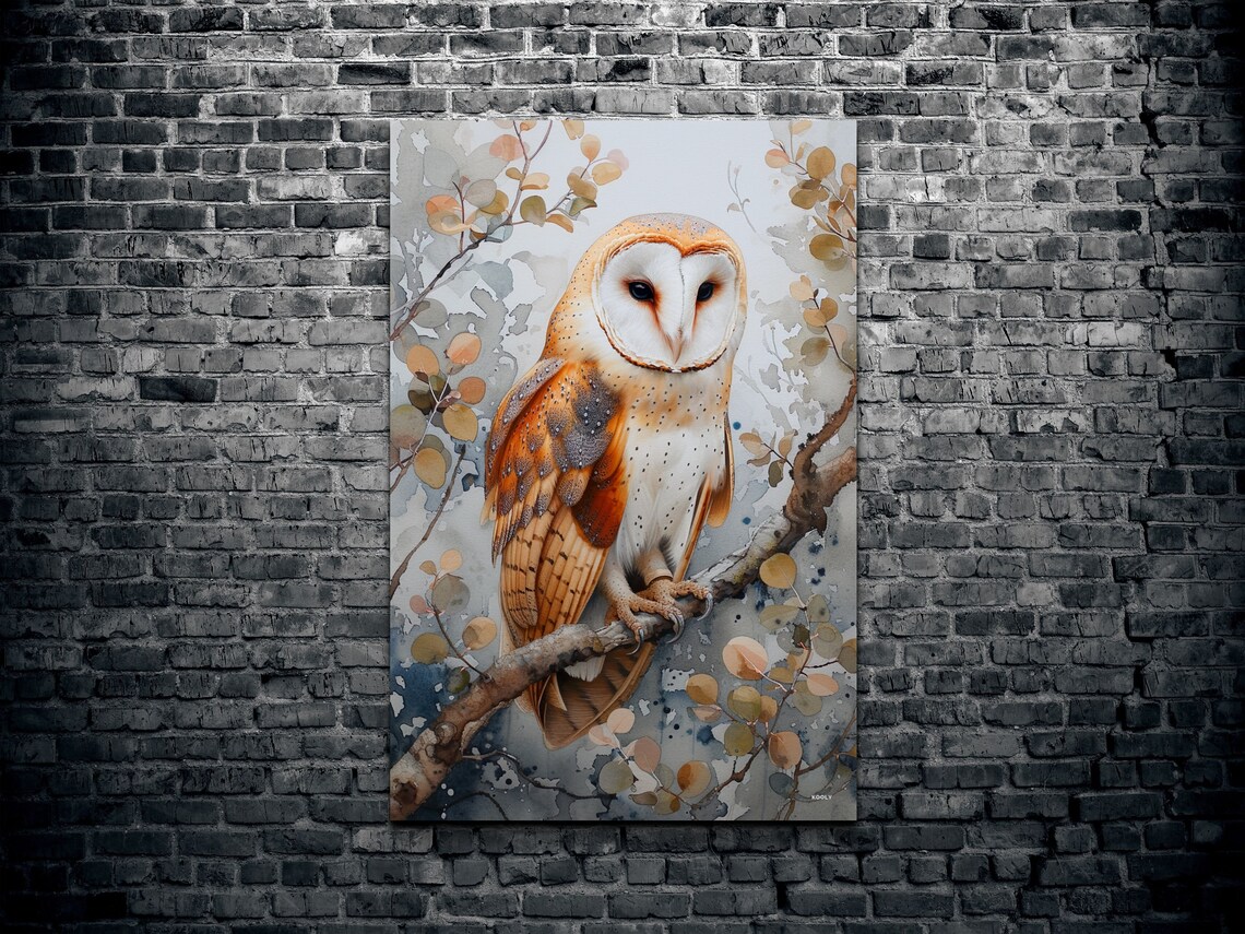Barn Owl Front View Branch Watercolor Autumn Forest Bird Poster - Image 2