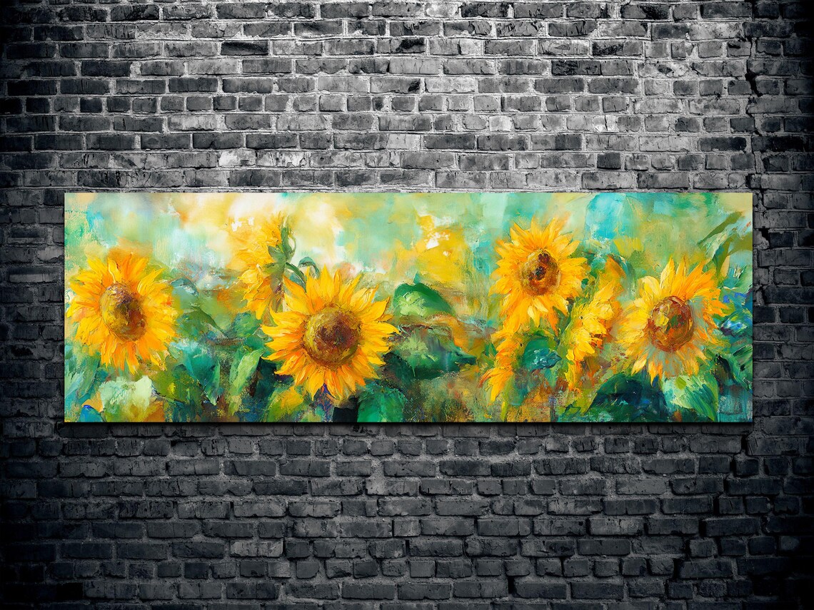 Golden Bright Sunflower Field Watercolor Blooms Panoramic Wall Art - Image 2