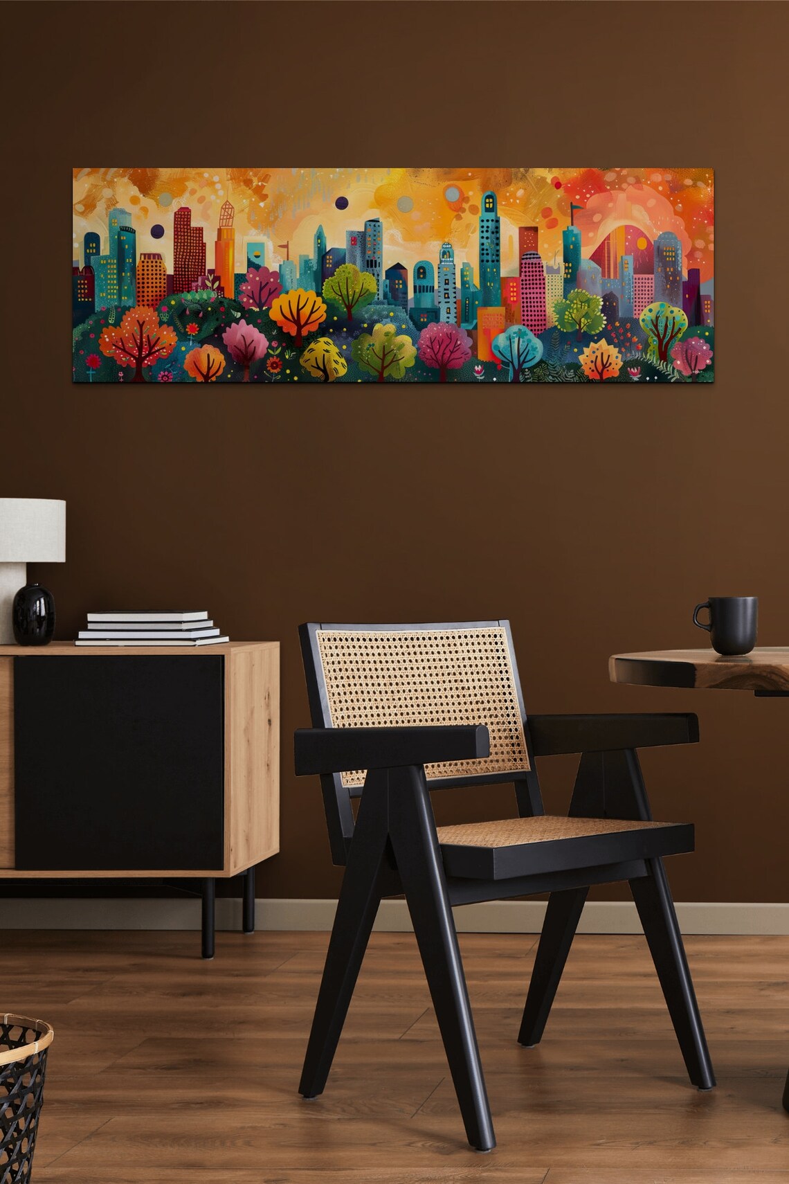 Whimsical City Skyline Sunset Colorful Trees Urban Panoramic Wall Art - Image 5