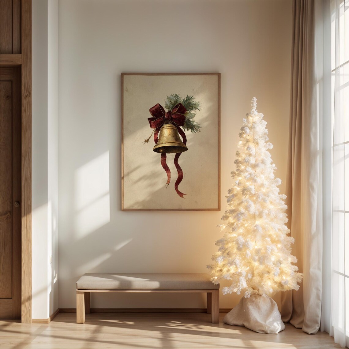 Vintage Gold Christmas Bell With Red Bow and Pine on Paper Poster