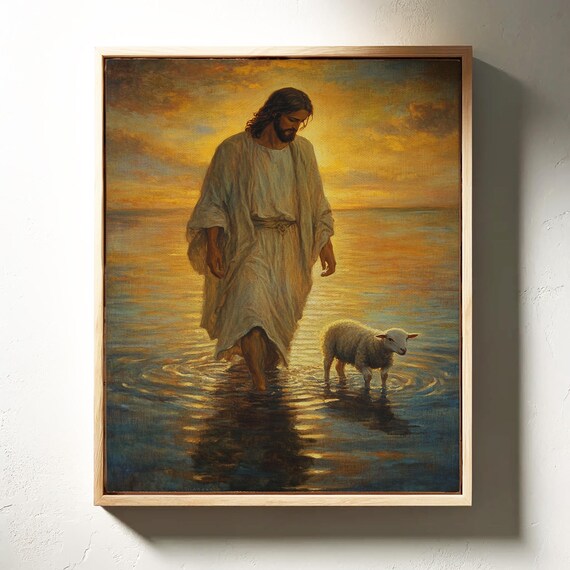 Jesus Walking on Water With Lamb Golden Sunset Christian Art Print