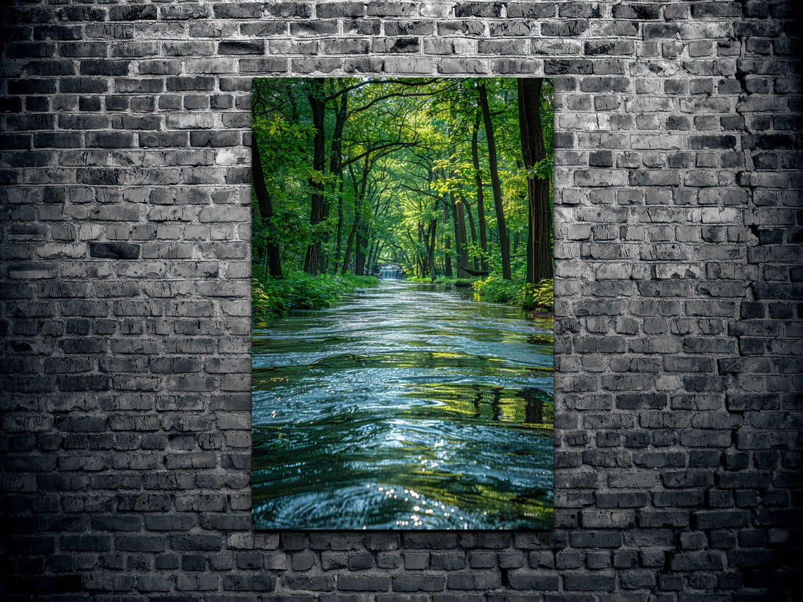 Peaceful Morning River Flowing Through a Sunlit Green Forest Poster - Image 2