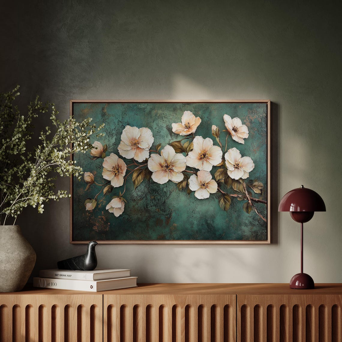 White Blossoms Teal Background Elegant Floral Botanical Wall Art - Image 4