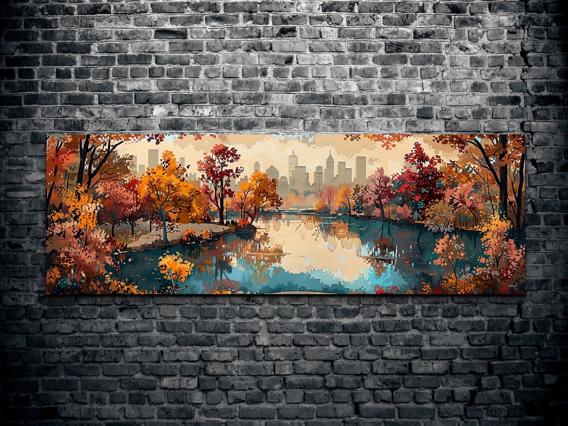 Autumn City Park Lake with Fall Colors Season Panorama Wall Art - Image 2