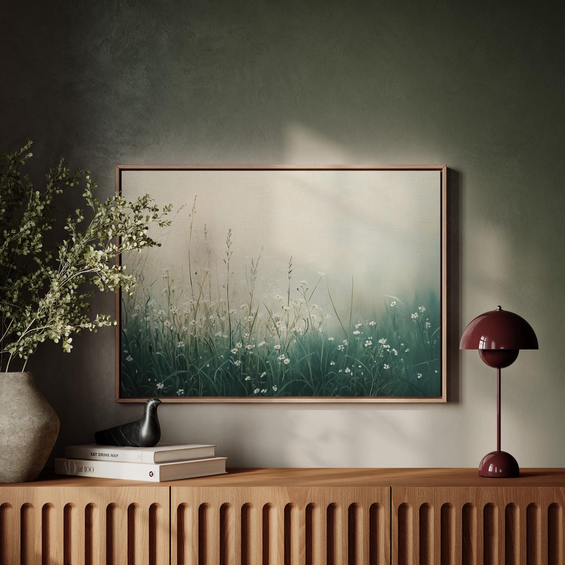 Misty Wildflower Meadow Tall Grasses Ethereal Green Field Wall Art - Image 5