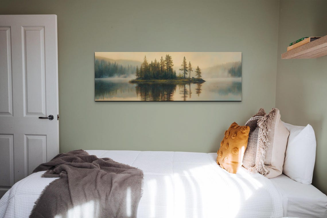 Foggy Wooded Lake Island Misty Dawn Serene Panoramic Art Poster - Image 4