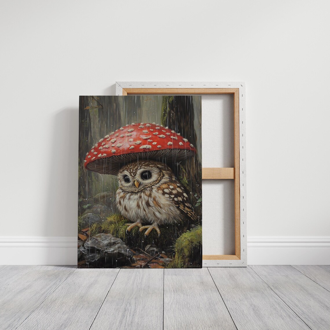 Adorable Owl Under Red Mushroom Rainy Forest Shelter Scene Poster - Image 3