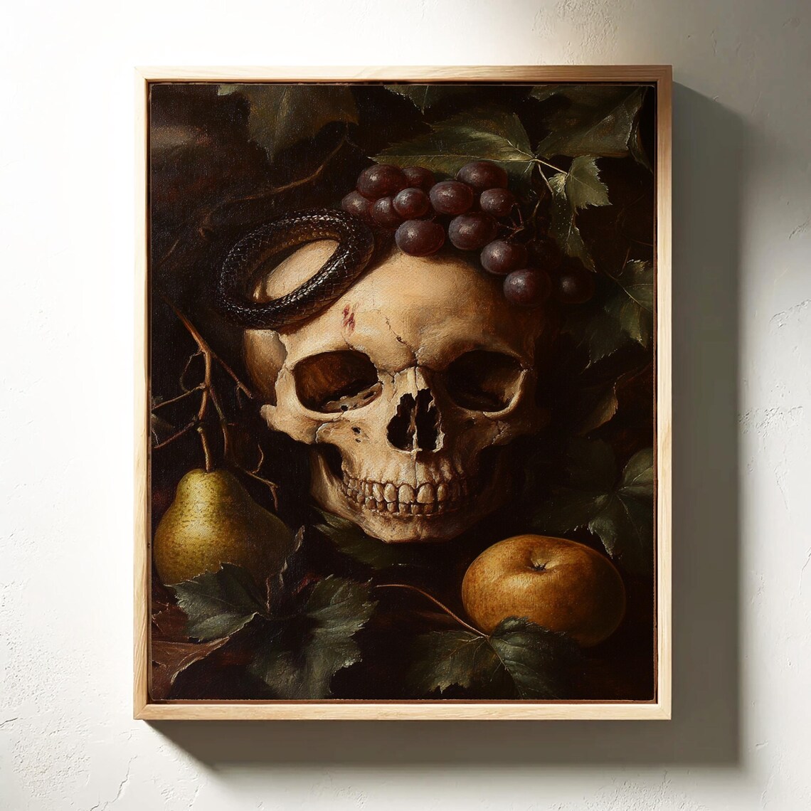 Skull Snake Grapes Pear Apple Dark Gothic Still Life Oil Painting Poster - Image 3