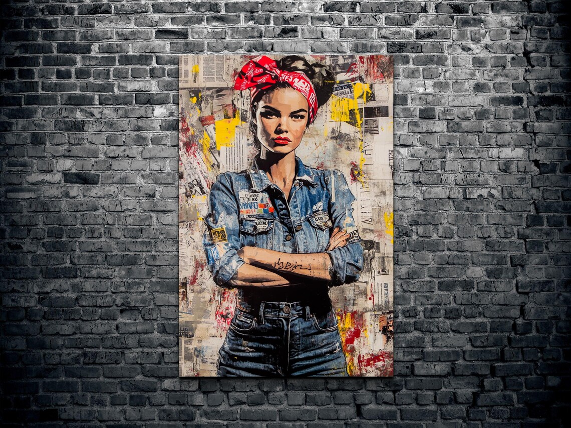 Rosie The Riveter Denim Street Art Portrait Red Bandana Art Poster - Image 2