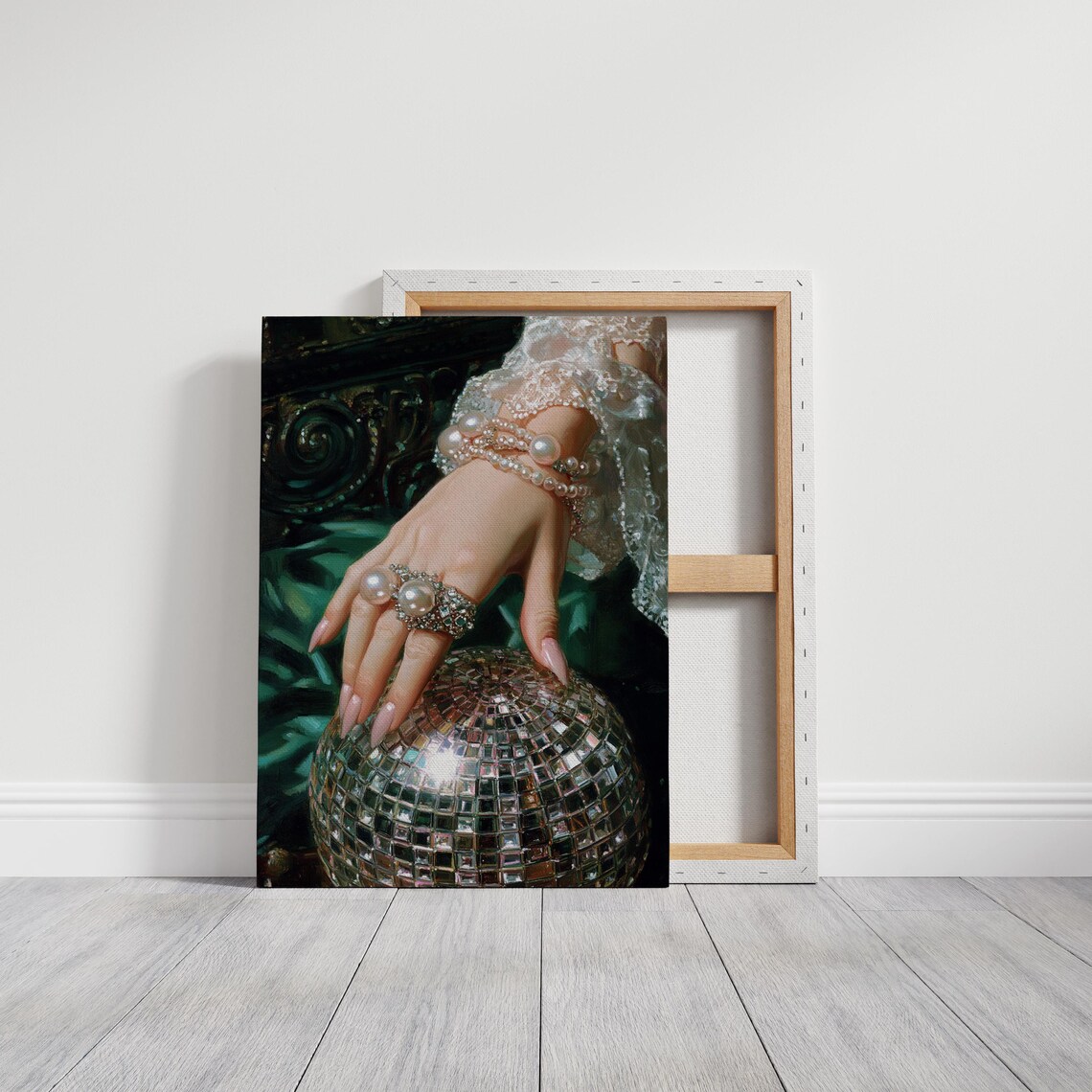 Pearl Jeweled Hand Resting On Glittering Disco Ball Dark Emerald Poster - Image 2