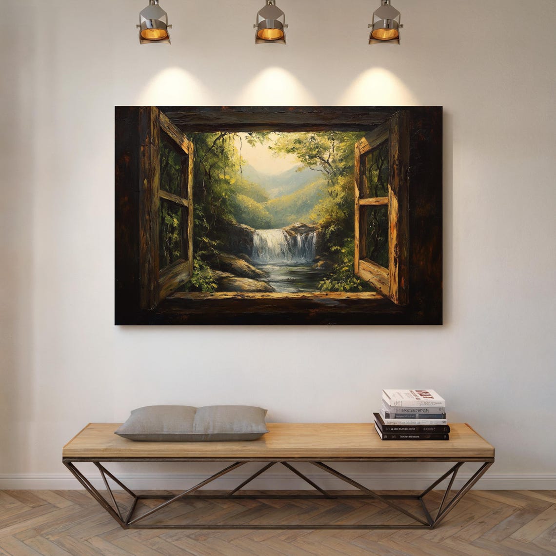 Rustic Open Window Waterfall Lush Forest Mountain Valley View Poster - Image 4