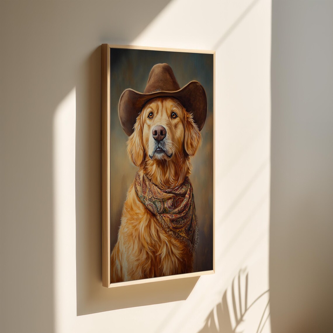 Golden Retriever Cowboy Blue Backdrop Western Dog Portrait Poster