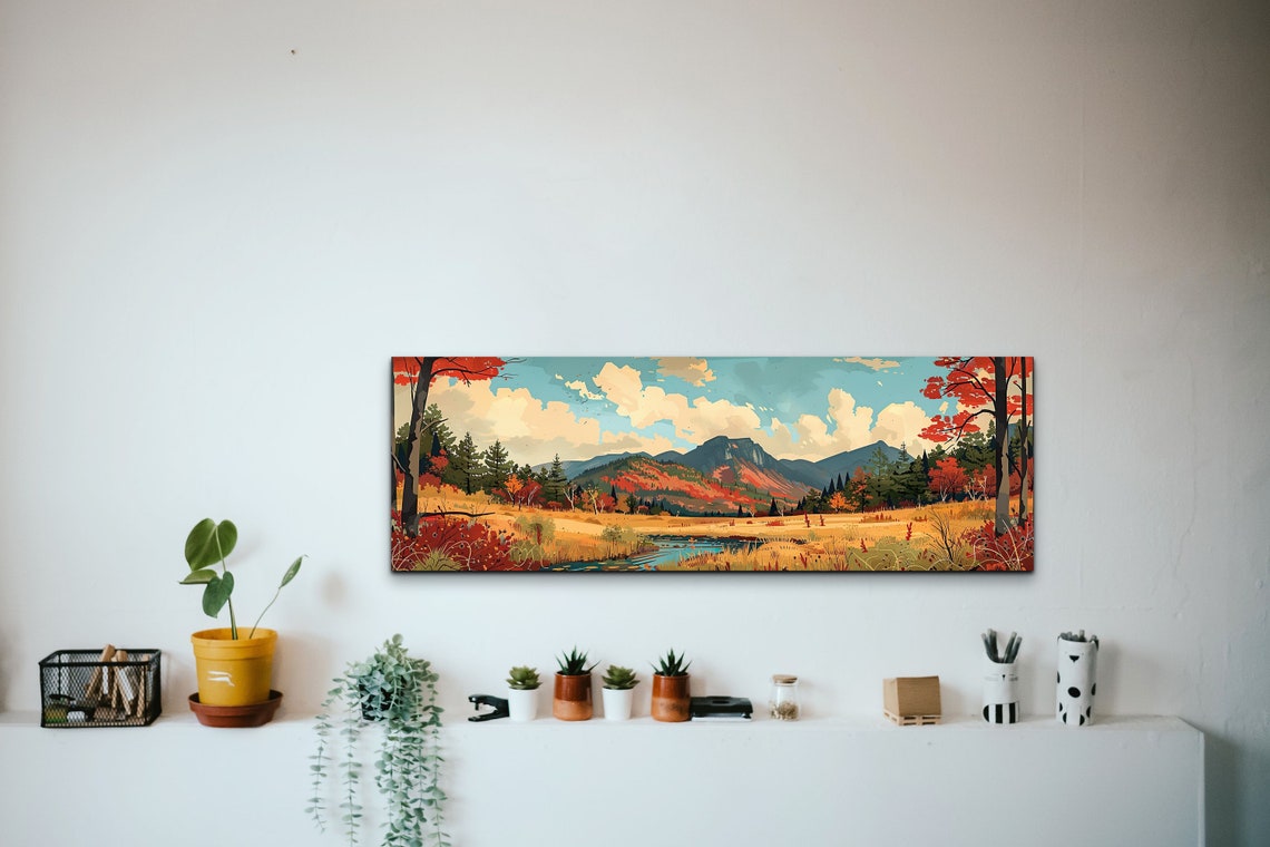 Autumn Mountain Valley River Vintage Style Panorama Wall Art - Image 5