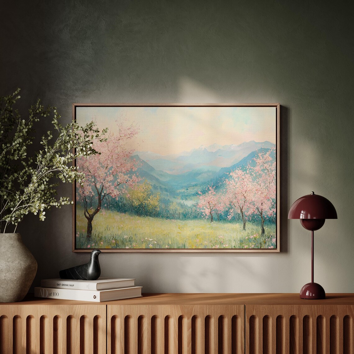 Cherry Blossom Trees In Mountain Meadow Valley Spring Landscape Wall Art - Image 4