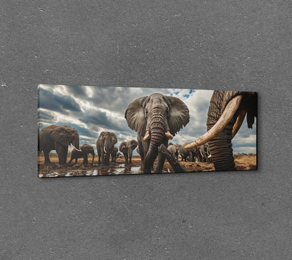 Panoramic African Elephant Herd Watering Hole Wildlife Wall Art - Image 7