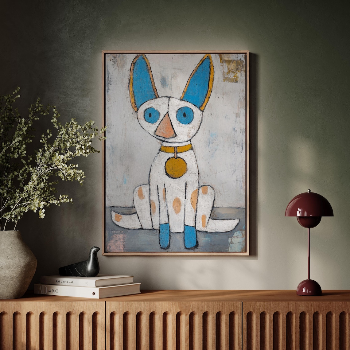 Playful White Dog Painting Big Blue Ears Naive Pet Portrait Poster