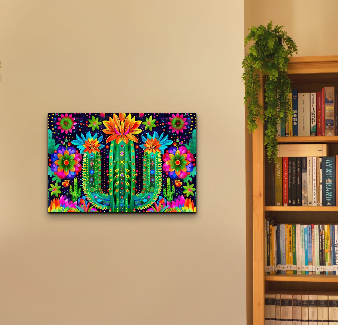 Neon Blooming Cactus Psychedelic Flowers Dark Background Wall Print - Image 5