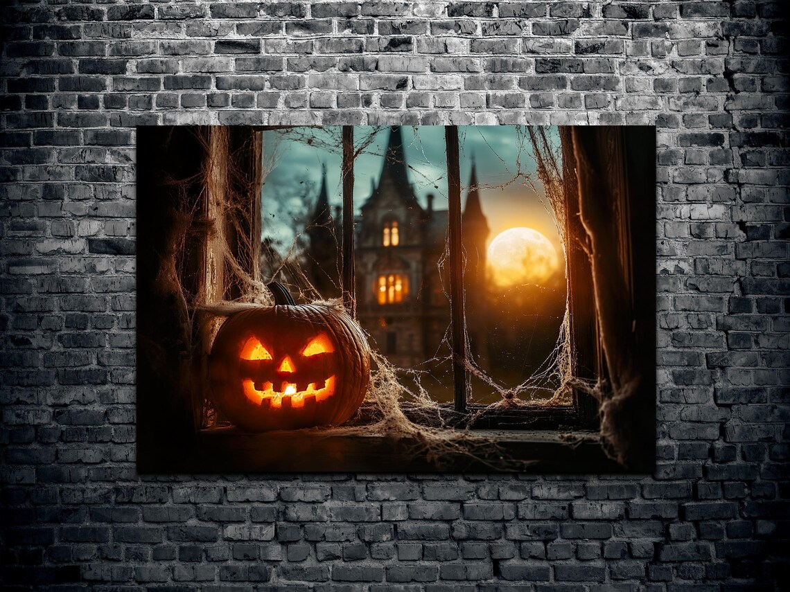 Carved Pumpkin Lantern on Window Sill With Haunted House at Night Poster - Image 2