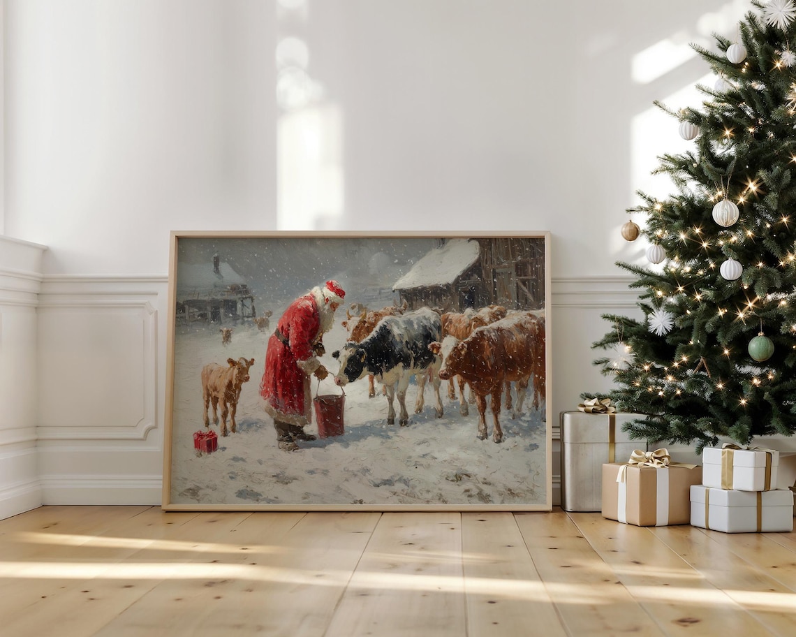Santa Feeding Cows Rustic Christmas Farm Art Print