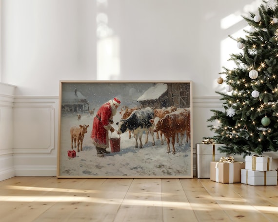 Santa Feeding Cows Rustic Christmas Farm Art Print