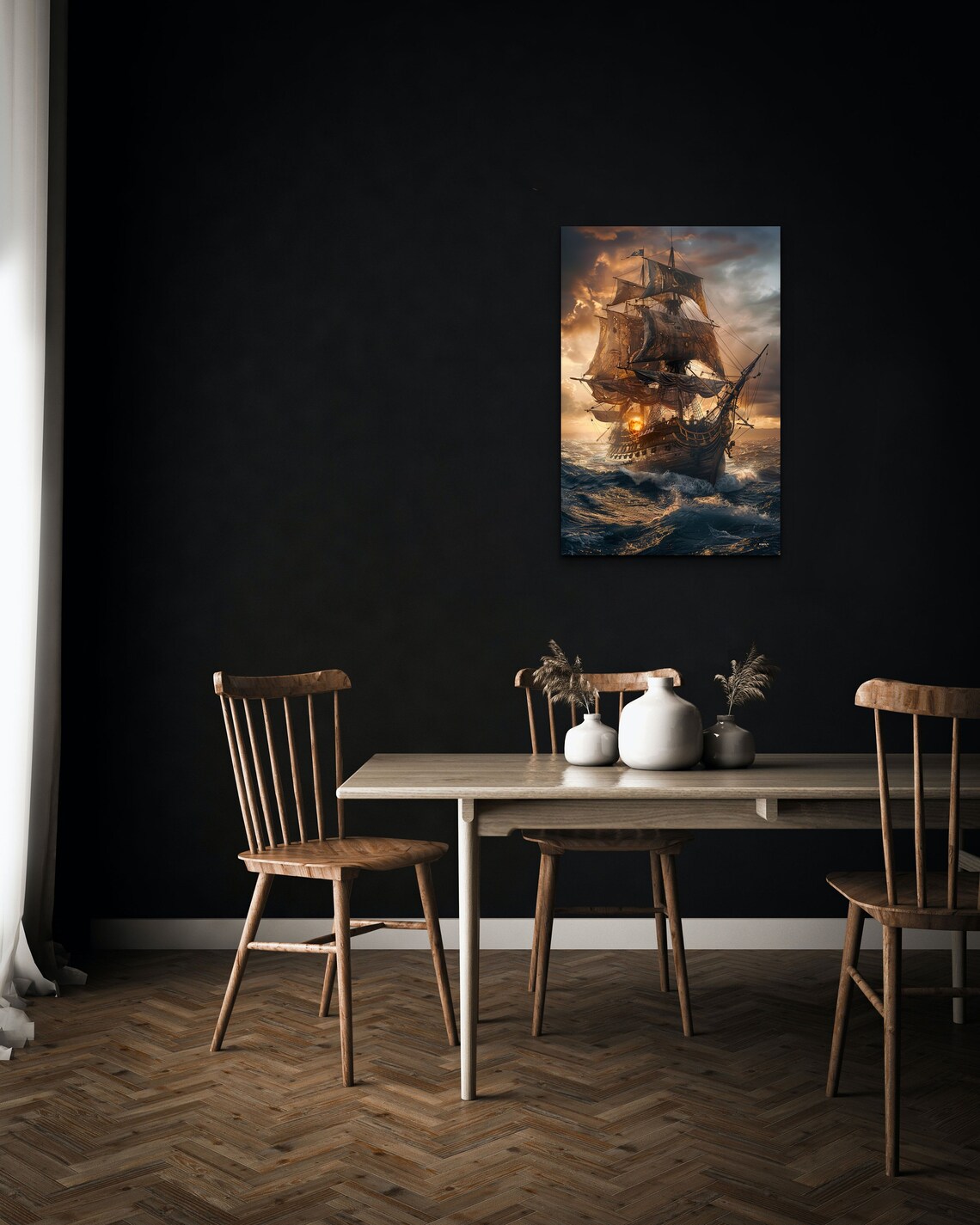 Tall Pirate Ship on Stormy Sea at Golden Sunset Sky Wall Art - Image 3