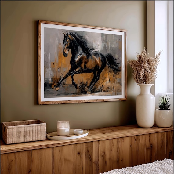 Running Black Stallion Abstract Western Horse Painting Poster