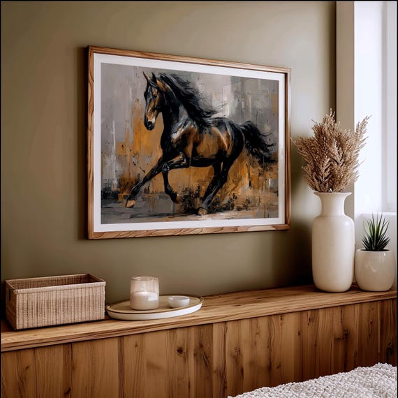 Running Black Stallion Abstract Western Painting