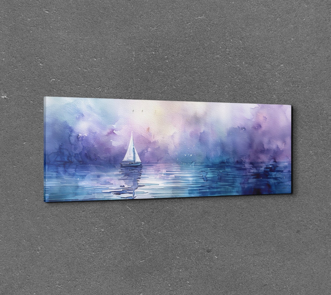 Watercolor Sailboat on Dreamy Purple Sea Coastal Nautical Poster - Image 3