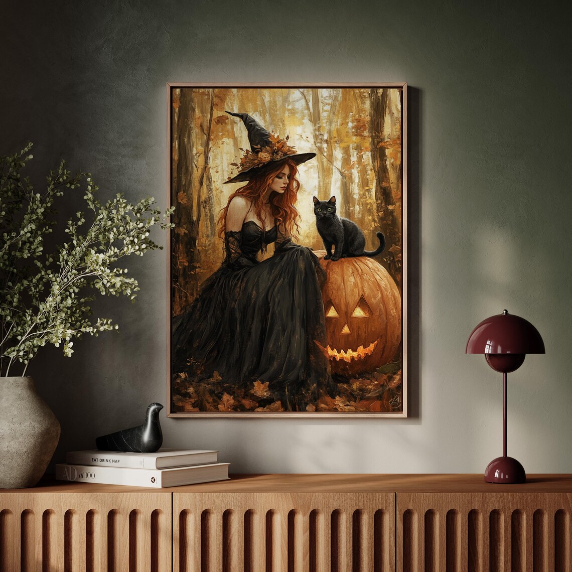 Elegant Redhead Witch and Black Cat on Pumpkin in Golden Autumn Forest Art - Image 4