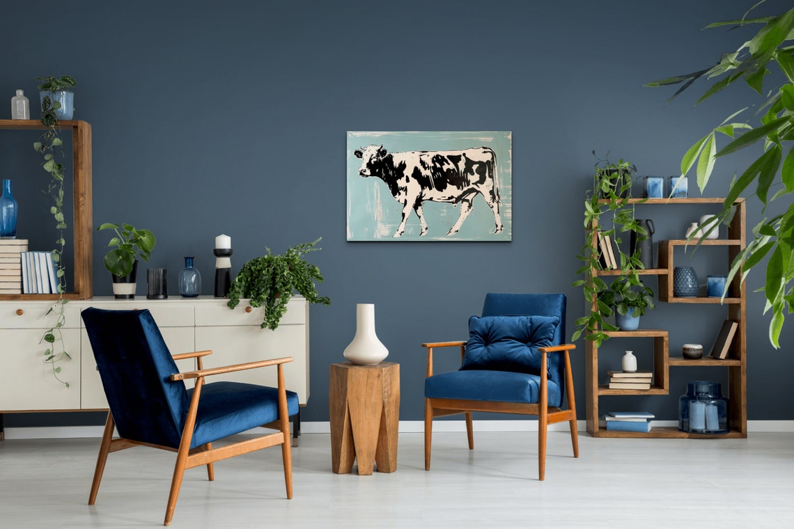 Walking Spotted Cow Rustic Blue Farmhouse Kitchen Art Poster - Image 5