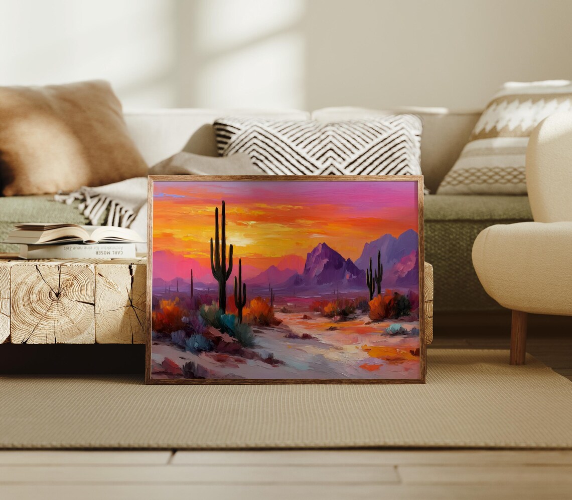 Vibrant Desert Sunset With Saguaro Cacti And Purple Mountain Poster