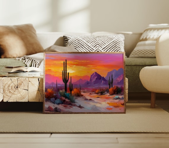 Vibrant Desert Sunset With Saguaro Cacti And Purple Mountain Poster