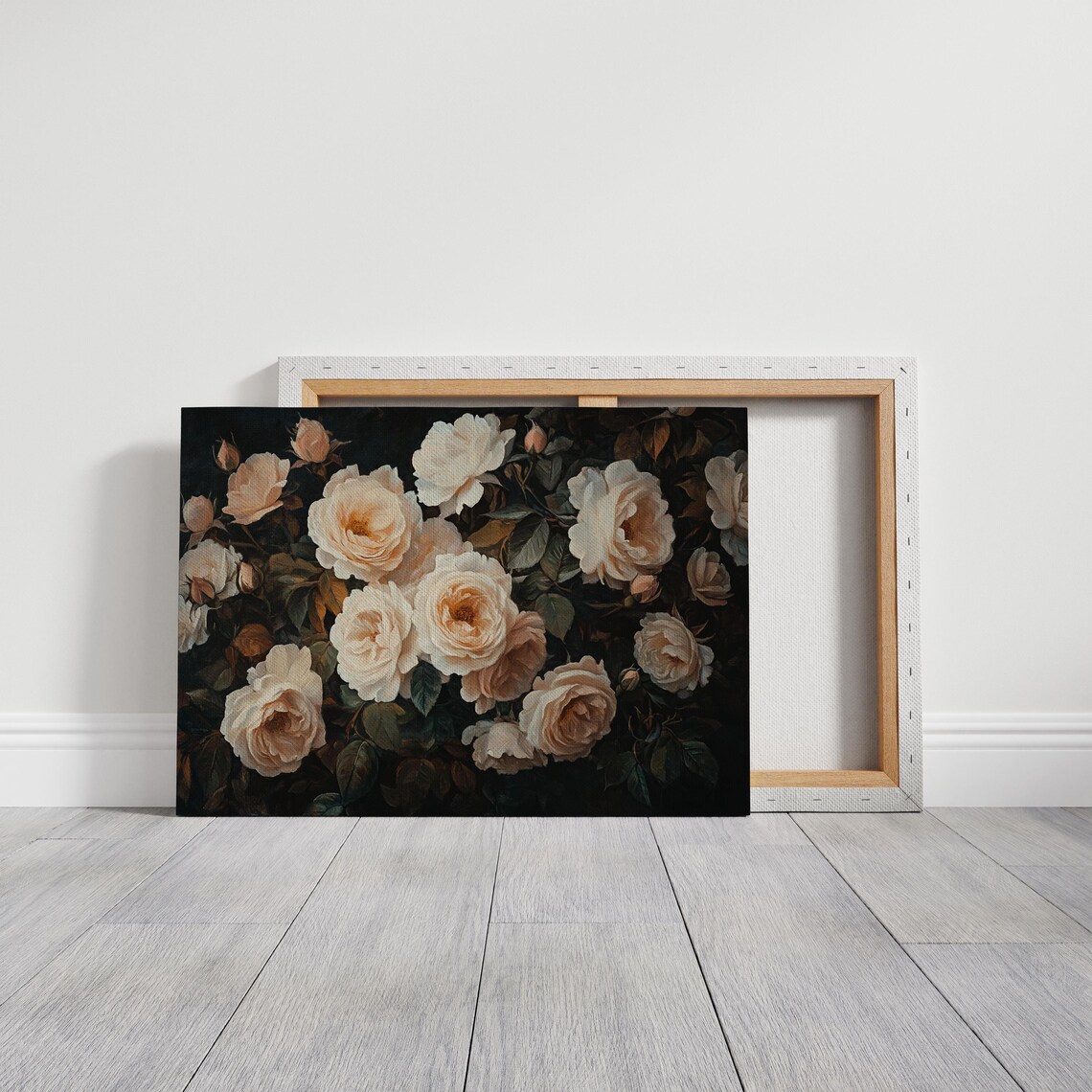 Cream Roses Abundant Blooms On Black Vintage Dark Floral Poster - Image 3