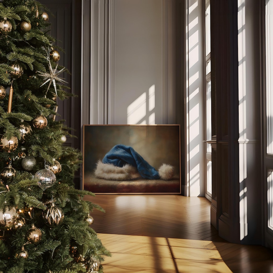 Blue Santa Hat Art Print, Rustic Christmas Holiday