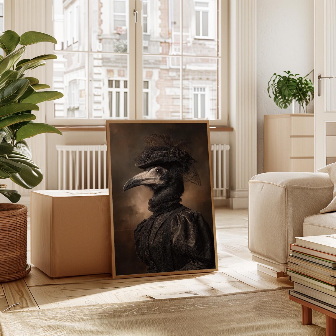 Victorian Crow Portrait in Black Lace Hat Dark Elegant Art Poster