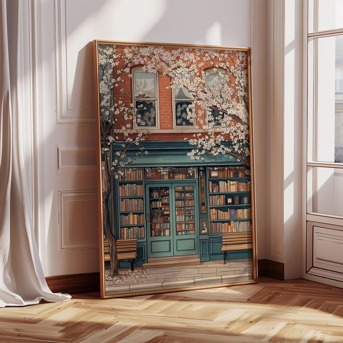 Bookshop Glass Doors Poster With Cherry Blossom Branches And Benches - Image 5