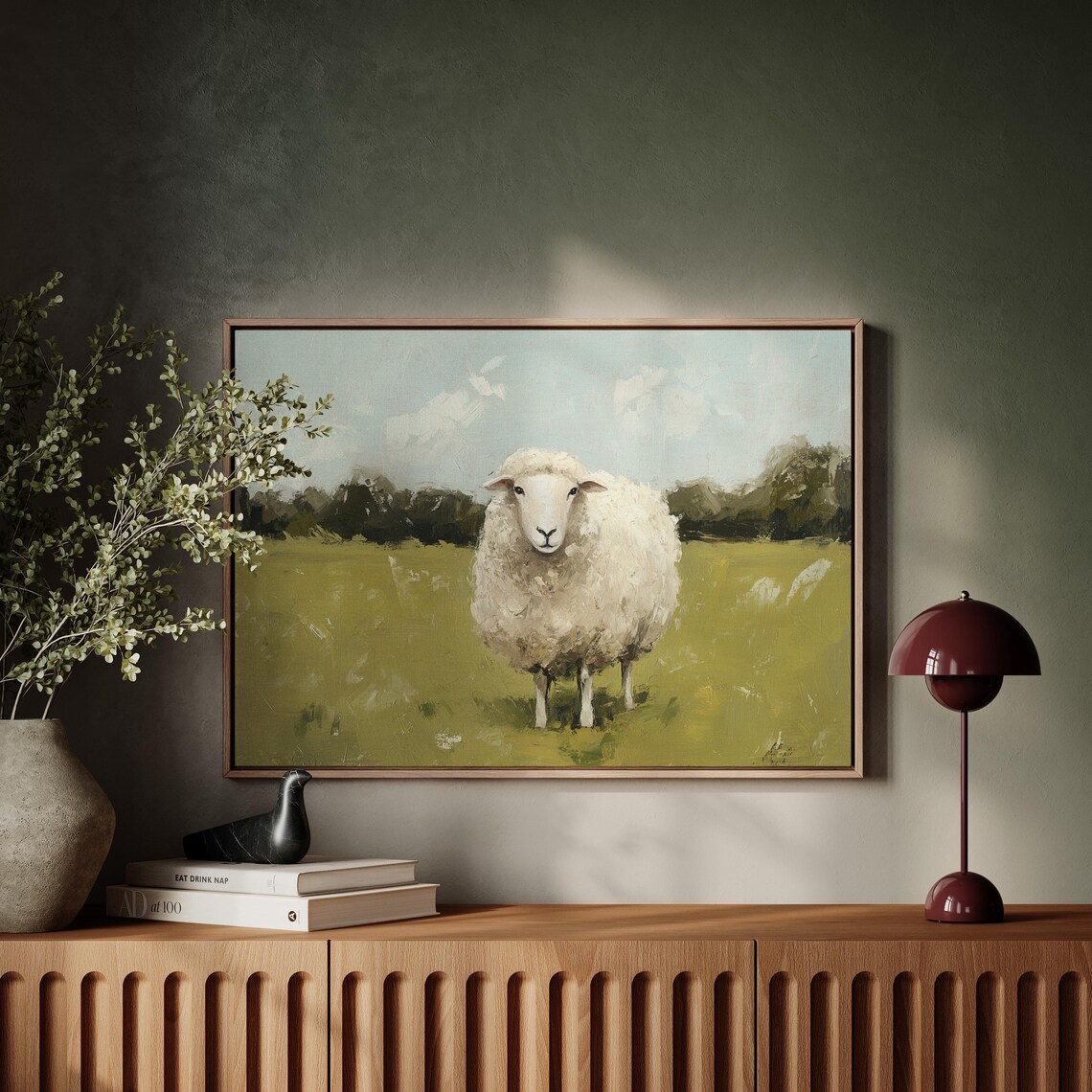 Rustic White Sheep Portrait in Meadow Textured Oil Painting Poster - Image 4