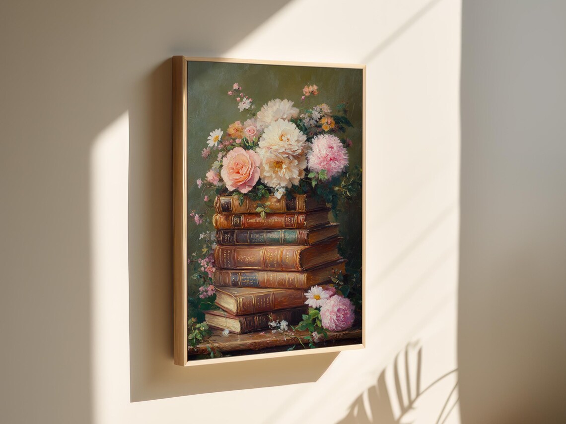 Vintage Oil Painting of Antique Books and Roses - Image 5